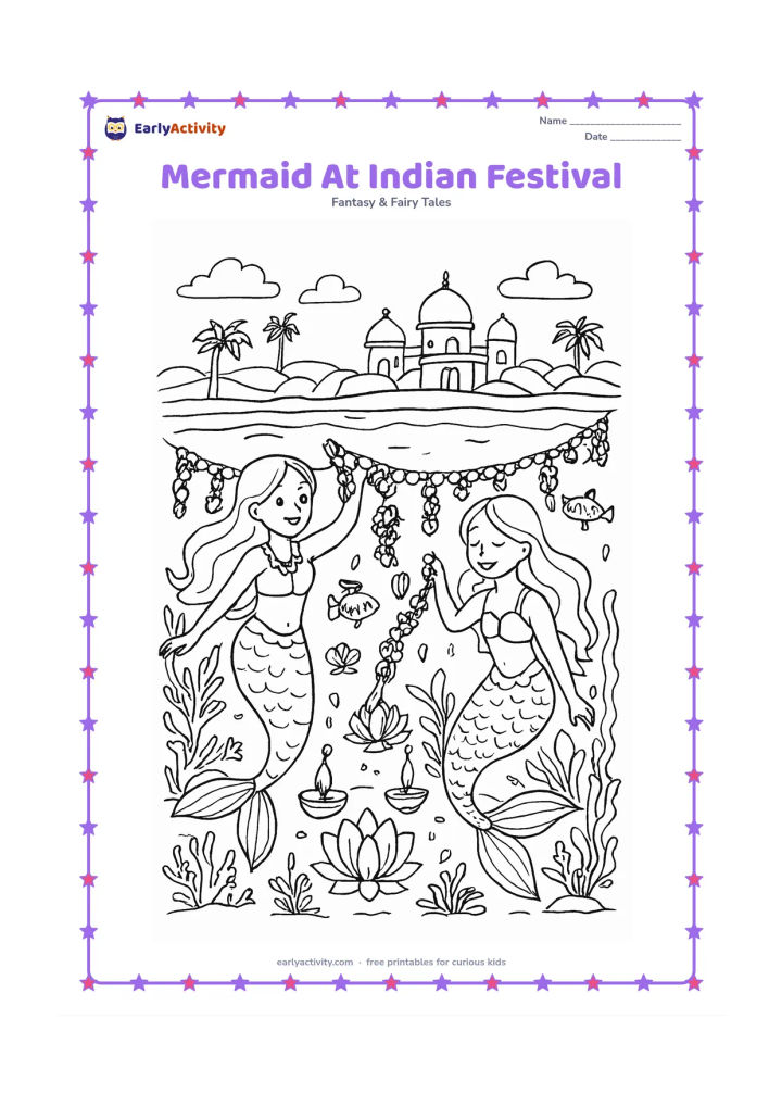 Colouring page: Two cheerful mermaids decorate an underwater celebration space with shell garlands and lotus-shaped sea flowers beside a coastal Indian village scene above the water. Add fish, coral,…