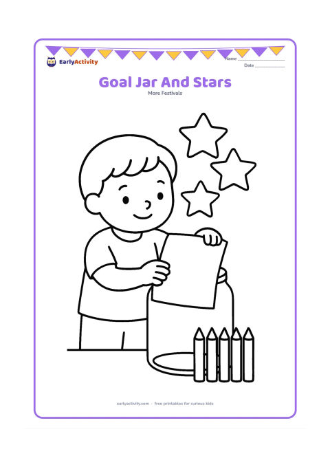 Colouring page: A child places a large blank paper shape into a clear goal jar, with three oversized stars and a tidy row of coloured pencils nearby. Keep the paper shape empty for later writing.