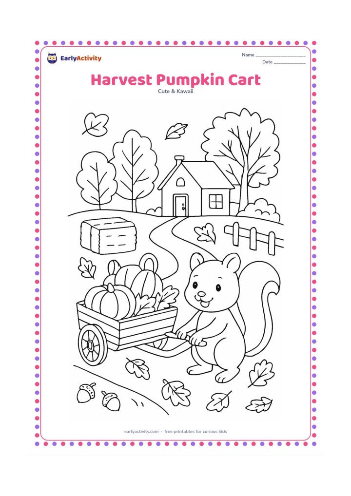 Colouring page: A smiling squirrel pulls a small wooden cart filled with pumpkins and autumn leaves along a village path. Include a hay bale, acorns, a fence, a cottage with blank windows and trees with…