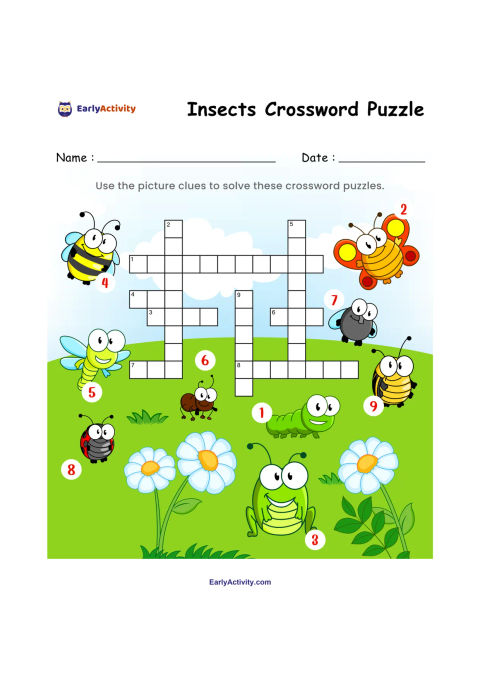 Worksheet with a numbered insect picture crossword, including bees, a ladybird, ants, a grasshopper and other insects.