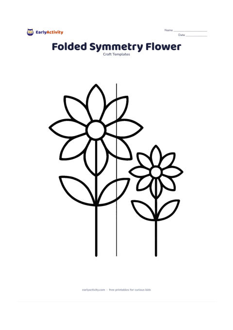 Worksheet: A complete highly symmetrical eight-petal flower with a straight vertical centre line, matching leaves on both sides and a simple stem, presented as a fold-and-check template. Add a…