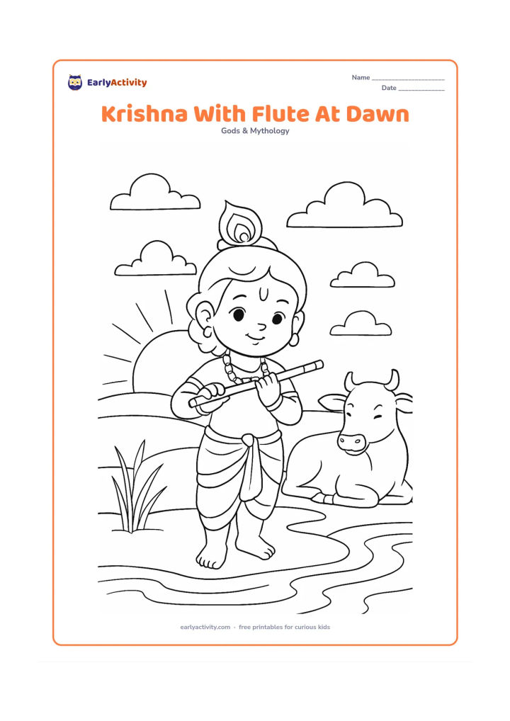 Colouring page: Baby Krishna stands on a riverbank at dawn with his flute, beneath a large rising sun and soft clouds, while a cow rests nearby. Include broad water ripples and a few reeds.