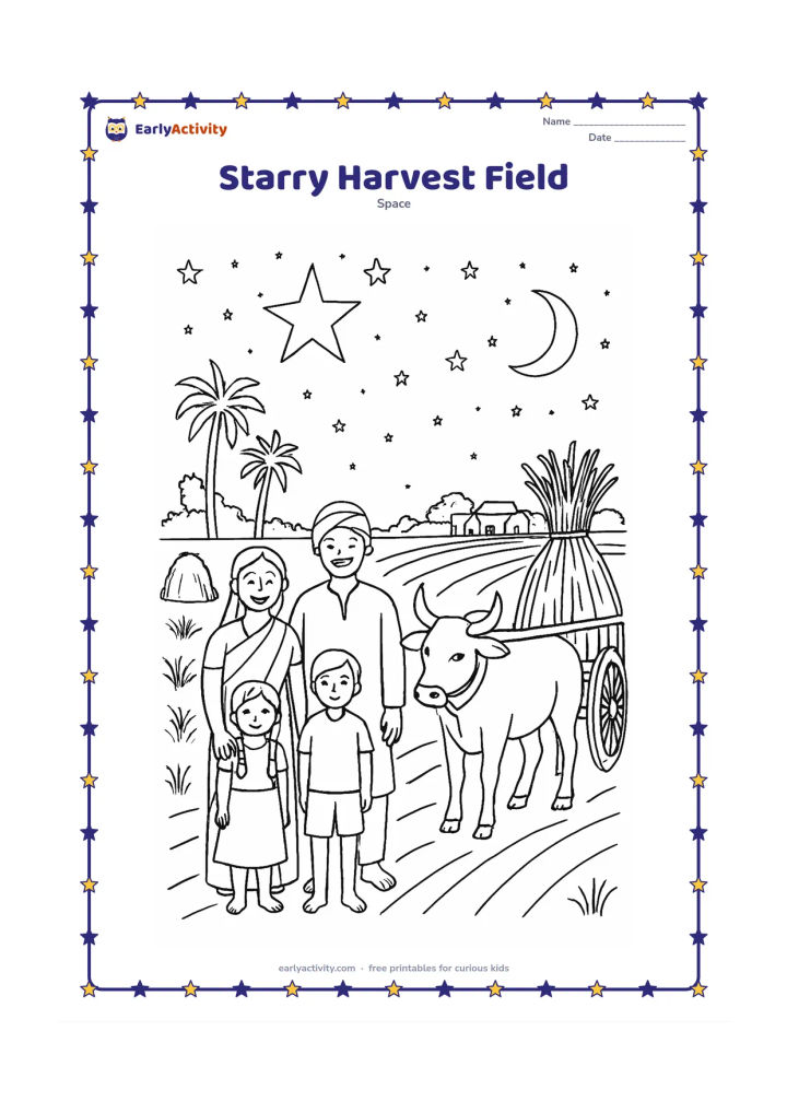 Colouring page: An Indian farm family stands beside a field and a bullock cart at twilight while a large star, crescent Moon and many smaller stars appear above. Include hay bundles, crop rows, palm…