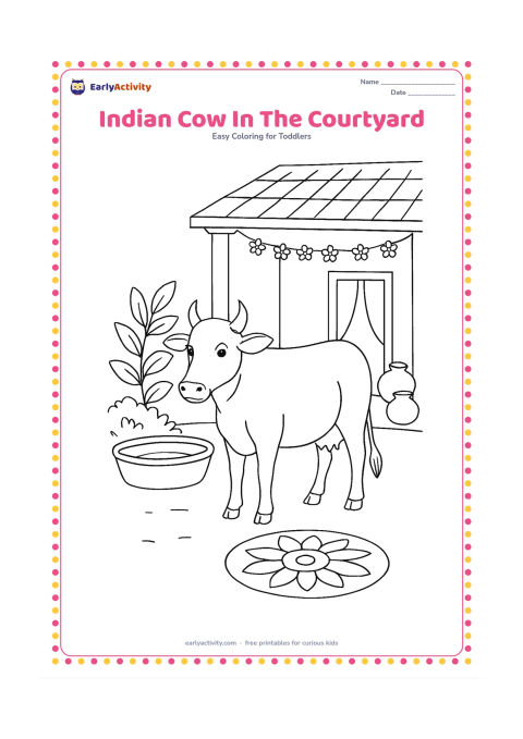 Colouring page: Draw a calm cow standing in an Indian home courtyard beside a water trough and a leafy plant. Include a shaded veranda, a hanging flower garland, clay pots and a broad rangoli near the…