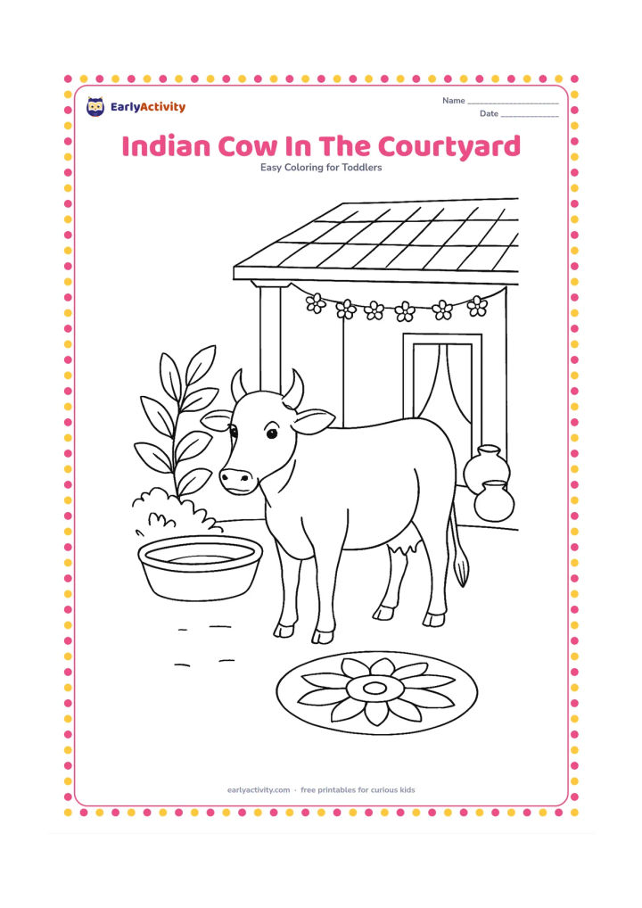Colouring page: Draw a calm cow standing in an Indian home courtyard beside a water trough and a leafy plant. Include a shaded veranda, a hanging flower garland, clay pots and a broad rangoli near the…