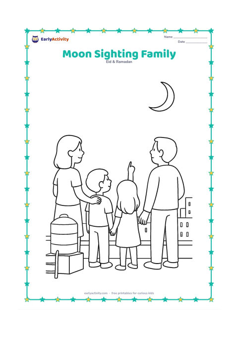 Colouring page: A family stands on a rooftop looking toward a thin crescent moon, with a water tank, low parapet, and distant apartment buildings behind them.