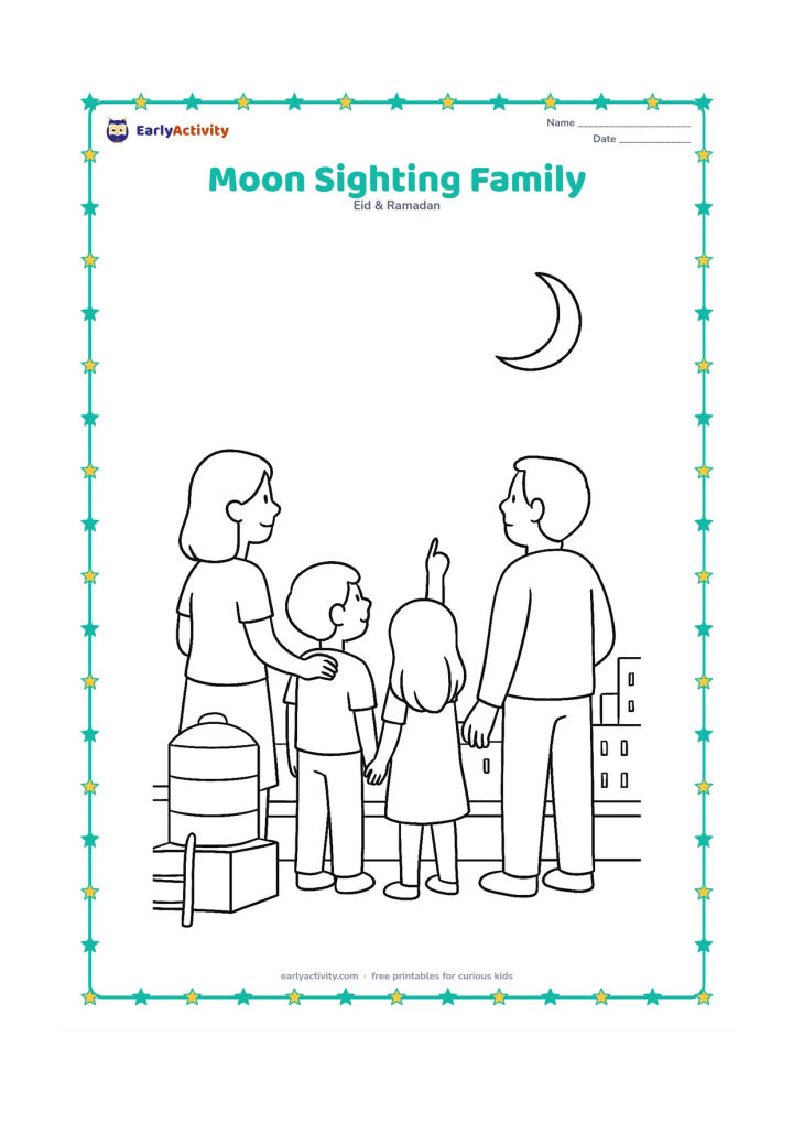 Colouring page: A family stands on a rooftop looking toward a thin crescent moon, with a water tank, low parapet, and distant apartment buildings behind them.