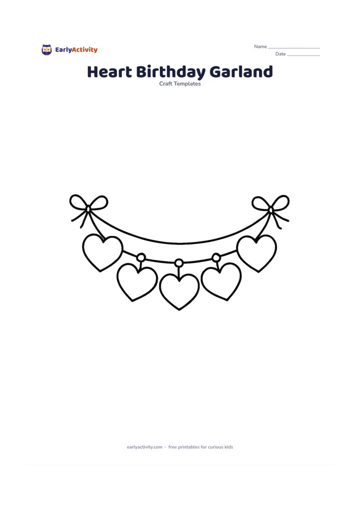 Worksheet: Show six heart-shaped garland pieces hanging from a curved string, with each heart blank and separated by small round connectors. Add simple ribbon bows at both ends, with no writing or…