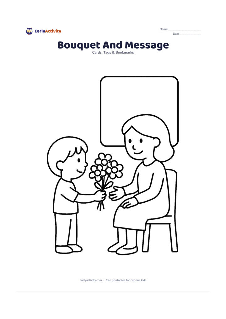 Worksheet: A child presents a tied bouquet of five open flowers to a seated mother, who reaches out to receive it. Place the figures on the left and a large empty rectangular message panel on the…