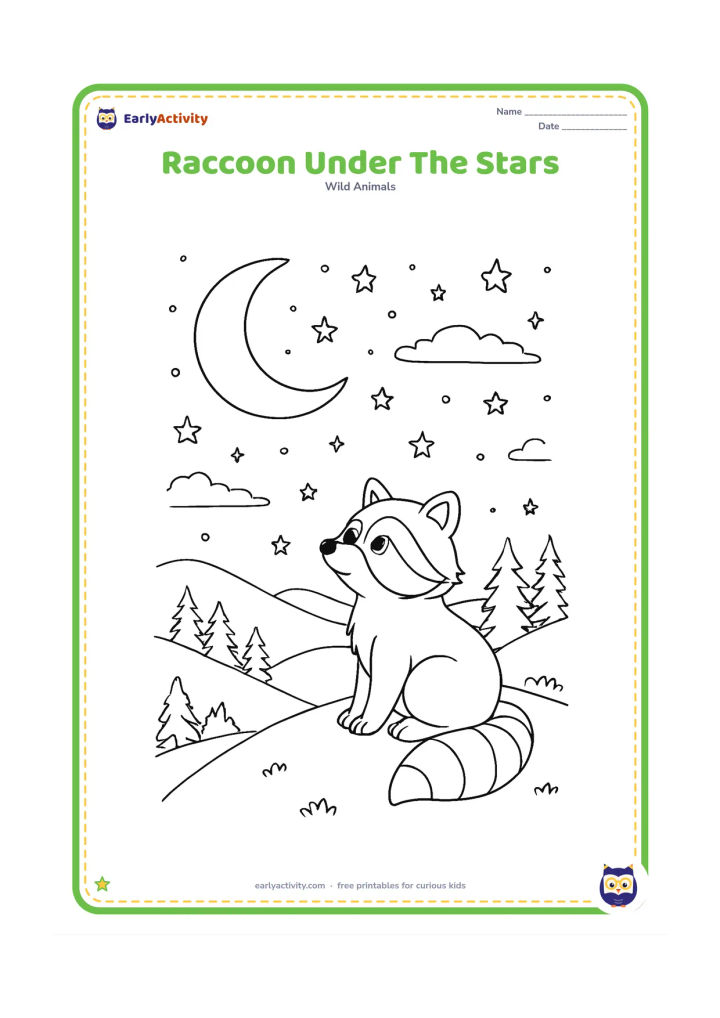 Colouring page: Draw a raccoon sitting on a woodland ridge at night, gazing toward a large crescent moon and a sky filled with varied stars. Add layered hills, pine trees and wispy clouds.