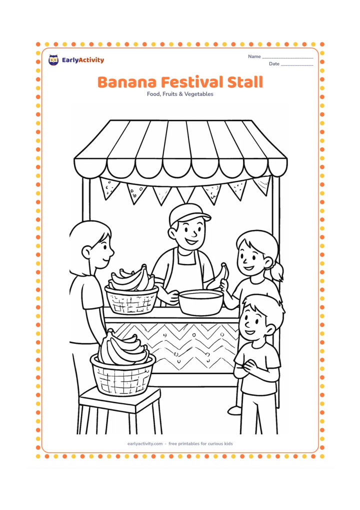 Colouring page: Draw a cheerful community food stall serving banana snacks, with a vendor, baskets of bananas, a large cooking pot and people waiting nearby under a decorated canopy. Keep all banners…