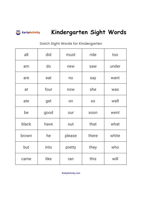 Worksheet showing a grid of common kindergarten sight words, including all, did, must, ride, too, and many more.