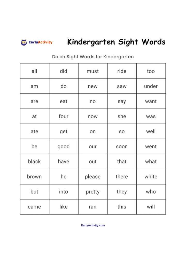 Worksheet showing a grid of common kindergarten sight words, including all, did, must, ride, too, and many more.