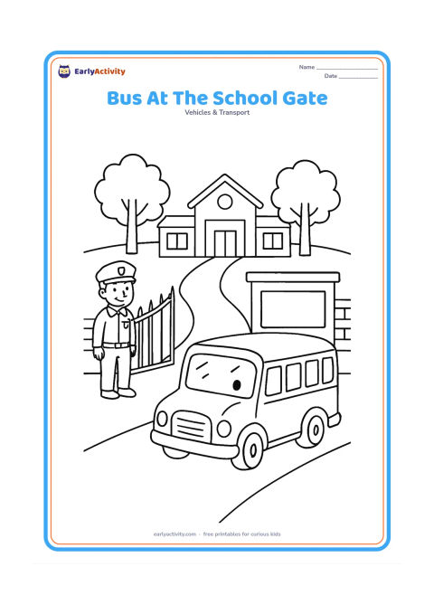 Colouring page: Draw a school bus arriving at an open school gate, with a guard standing to one side, a path, two trees, and a low school building behind the gate. Include a blank rectangular signboard…