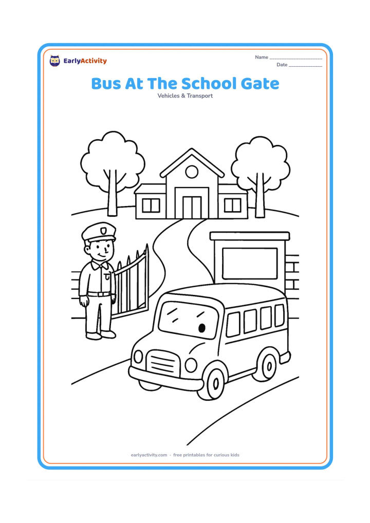 Colouring page: Draw a school bus arriving at an open school gate, with a guard standing to one side, a path, two trees, and a low school building behind the gate. Include a blank rectangular signboard…