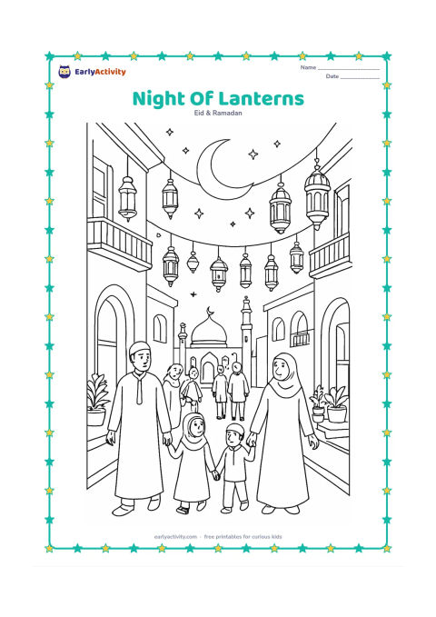 Colouring page: Draw a peaceful night street decorated with many lanterns, families returning from a mosque, children walking with adults, balconies, arches, potted plants, and a large crescent moon…