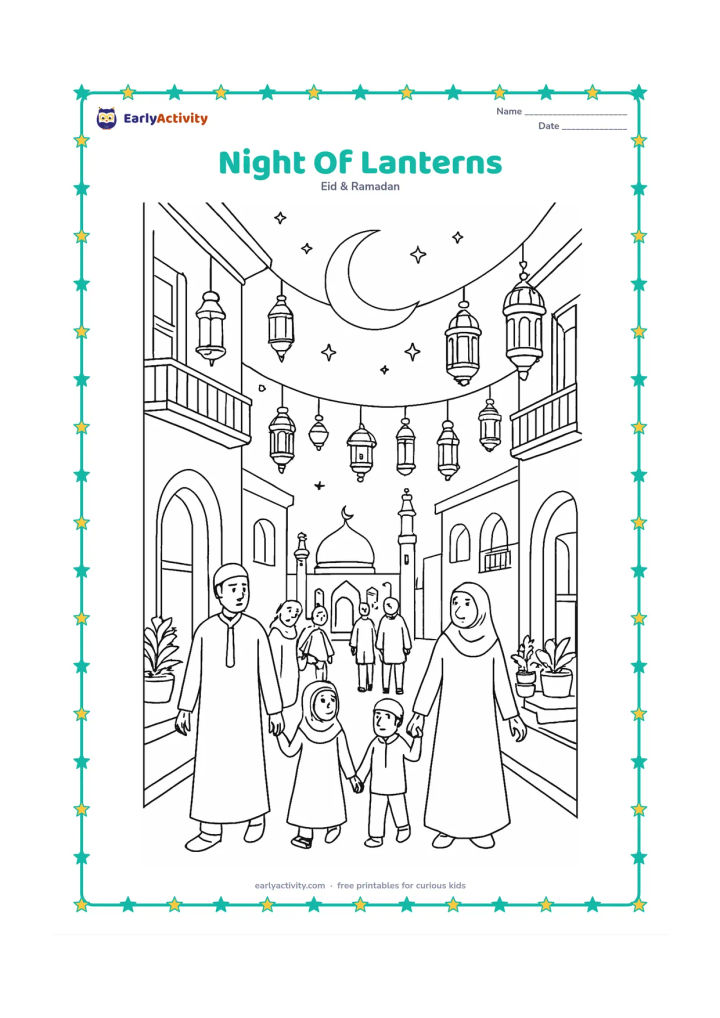 Colouring page: Draw a peaceful night street decorated with many lanterns, families returning from a mosque, children walking with adults, balconies, arches, potted plants, and a large crescent moon…
