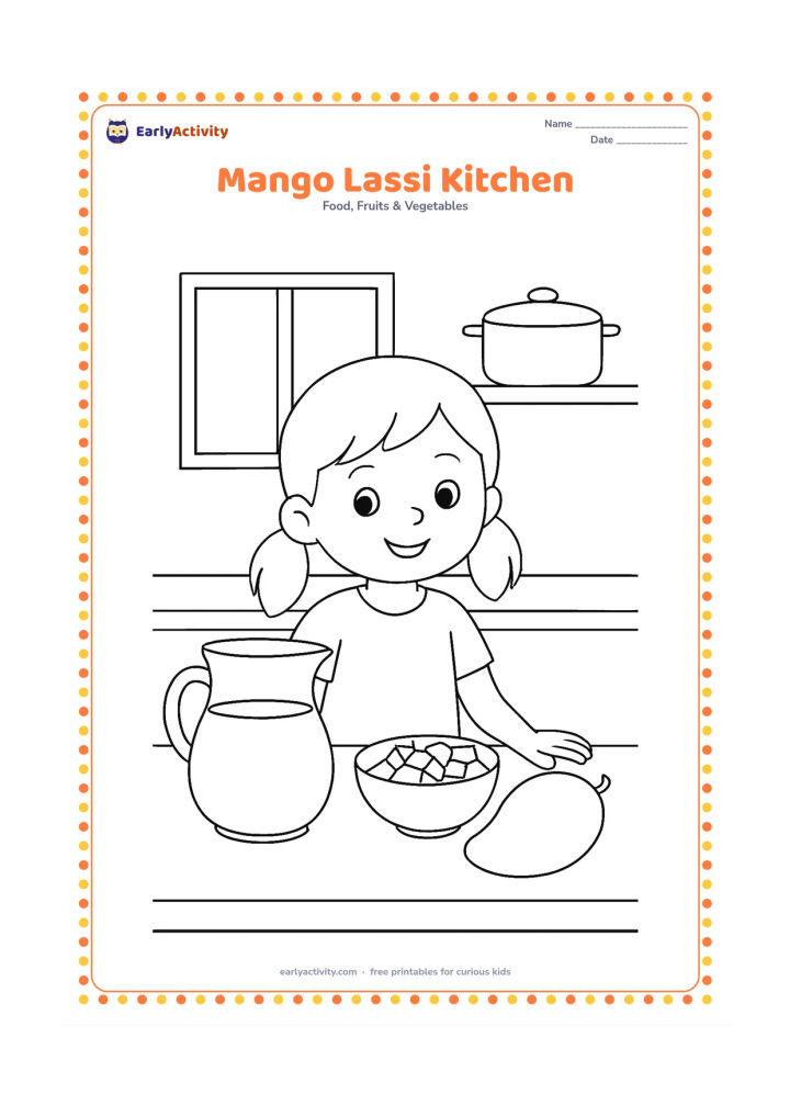 Colouring page: Draw a child in a home kitchen beside a jug of mango drink, a bowl of mango pieces and a whole mango on the counter.