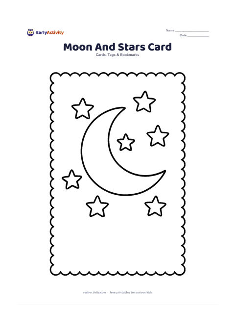 Worksheet: A large crescent moon surrounded by five stars, centred on a card front with a wide empty area below for a child's greeting. Add a simple scalloped border around the card.