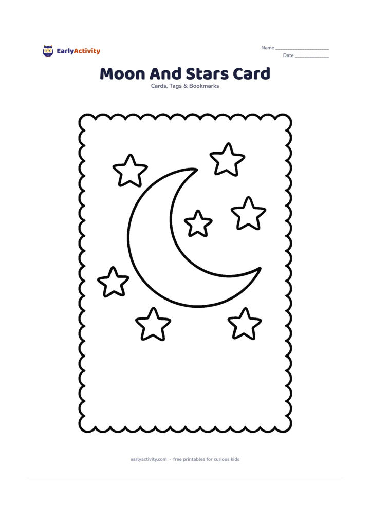 Worksheet: A large crescent moon surrounded by five stars, centred on a card front with a wide empty area below for a child's greeting. Add a simple scalloped border around the card.