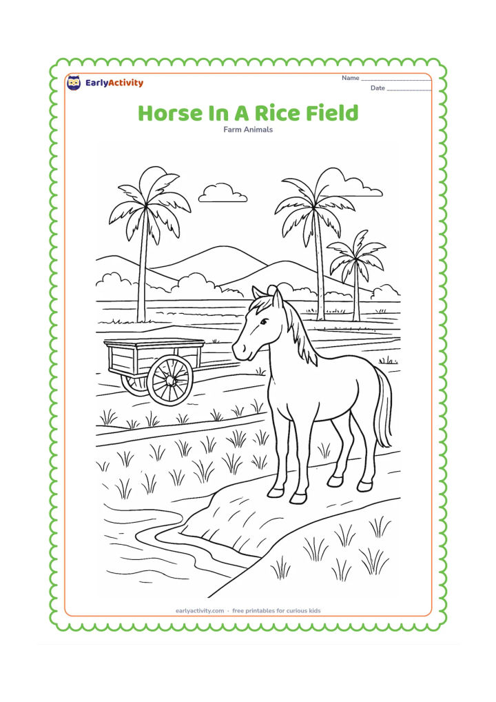 Colouring page: A horse stands on a raised path beside green rice fields in an Indian countryside scene. Add a farmer's simple handcart, palm trees, irrigation water and distant low hills.
