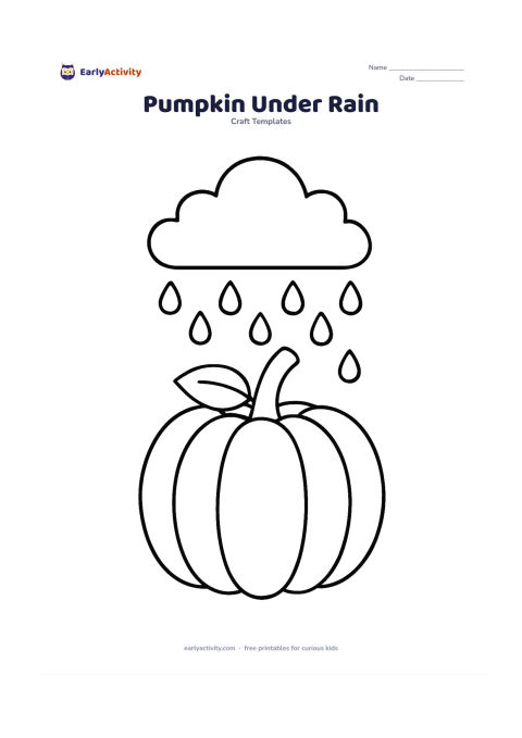 Worksheet: A large pumpkin with a leaf and stem sits below one simple cloud and several widely spaced raindrops. The pumpkin remains the largest clear craft shape on the page.