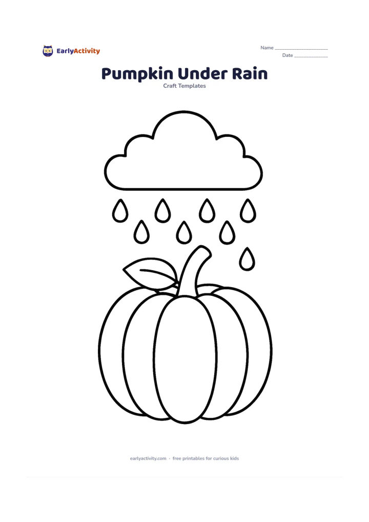 Worksheet: A large pumpkin with a leaf and stem sits below one simple cloud and several widely spaced raindrops. The pumpkin remains the largest clear craft shape on the page.