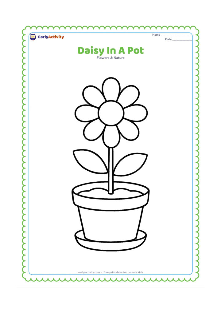 Colouring page: Draw a single daisy growing from a wide flowerpot, with a simple stem, two leaves and a large flower head. Add a small saucer and a few broad curved soil lines inside the pot.
