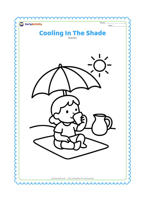Colouring page: A child sits beneath a large umbrella and drinks from a cup, with a small mat and a water jug nearby. Add a simple sun outside the umbrella and two broad ground shapes.