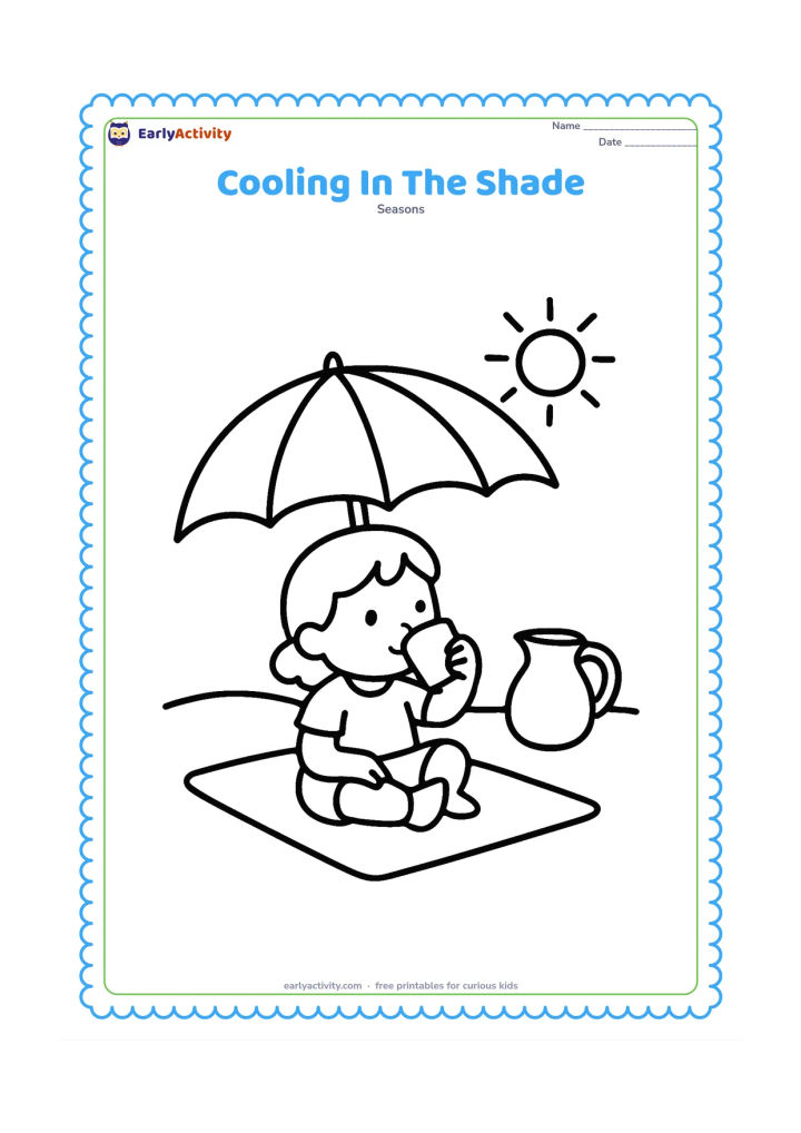 Colouring page: A child sits beneath a large umbrella and drinks from a cup, with a small mat and a water jug nearby. Add a simple sun outside the umbrella and two broad ground shapes.