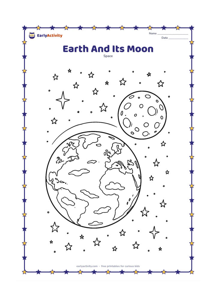 Colouring page: Show Earth and the Moon together in a detailed space view, including several Moon craters, cloud systems on Earth, continent outlines and a gentle arc suggesting the Moon's path. Add…