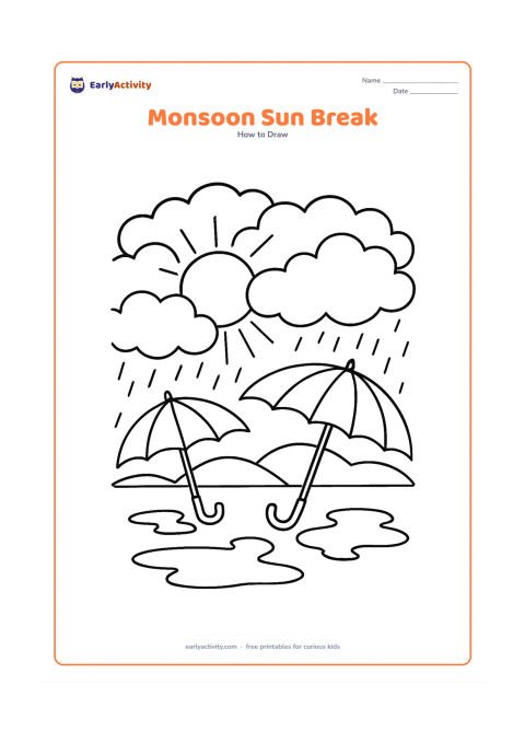 Worksheet: Draw a round sun appearing through a break in a bank of rain clouds, with rays crossing the open patch, wet puddles, two umbrellas and distant green hills. Do not include falling rain…