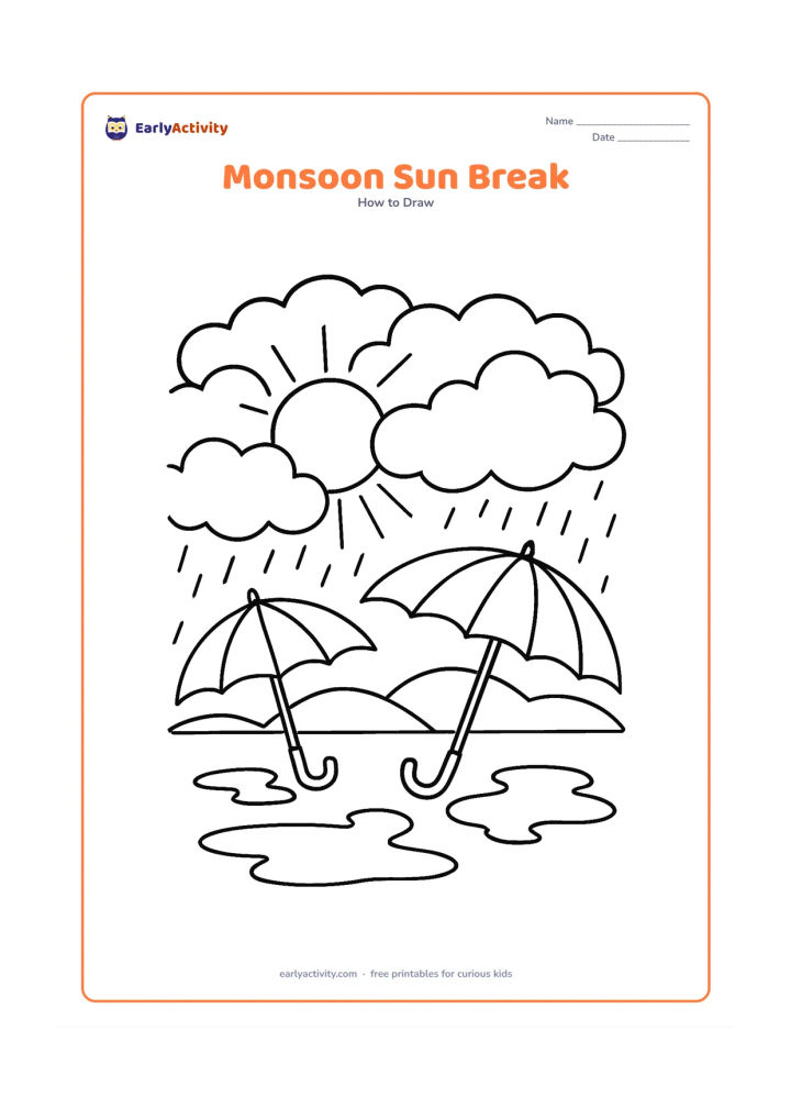 Worksheet: Draw a round sun appearing through a break in a bank of rain clouds, with rays crossing the open patch, wet puddles, two umbrellas and distant green hills. Do not include falling rain…