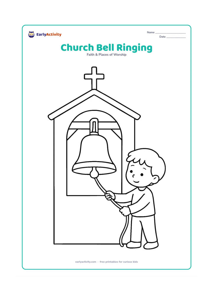 Colouring page: A child gently pulls the rope of a large bell inside a church tower, with the bell, wooden supports, arched opening, roof, and cross clearly visible.