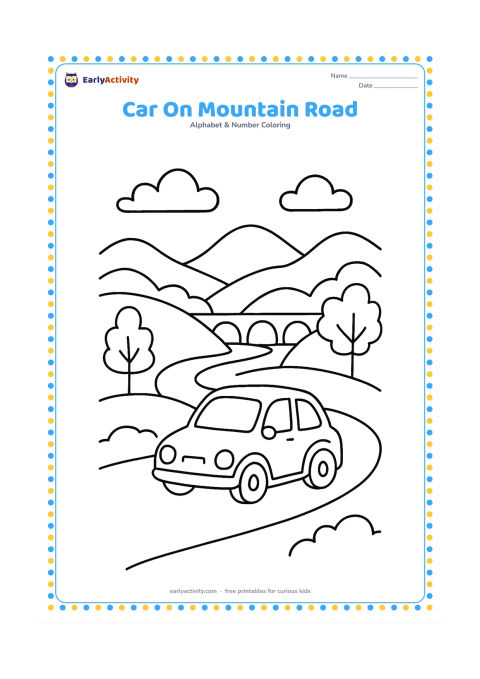 Colouring page: A small car travels along a winding mountain road with layered hills, a bridge, roadside trees, and clouds. Show the car clearly in the foreground and keep the road unobstructed.