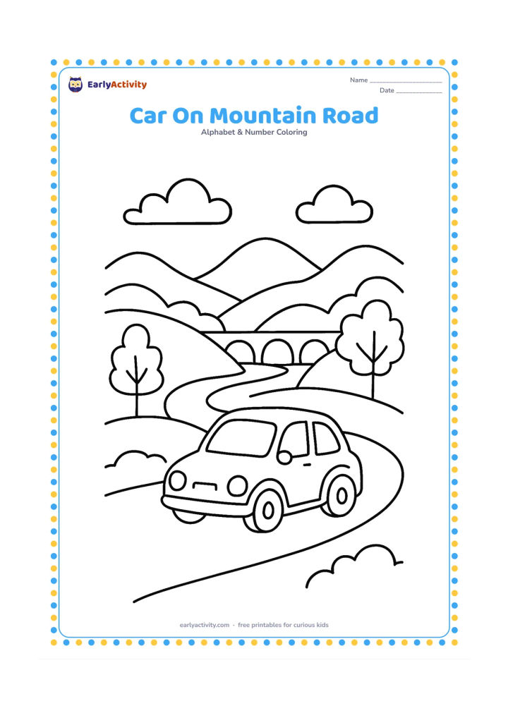 Colouring page: A small car travels along a winding mountain road with layered hills, a bridge, roadside trees, and clouds. Show the car clearly in the foreground and keep the road unobstructed.