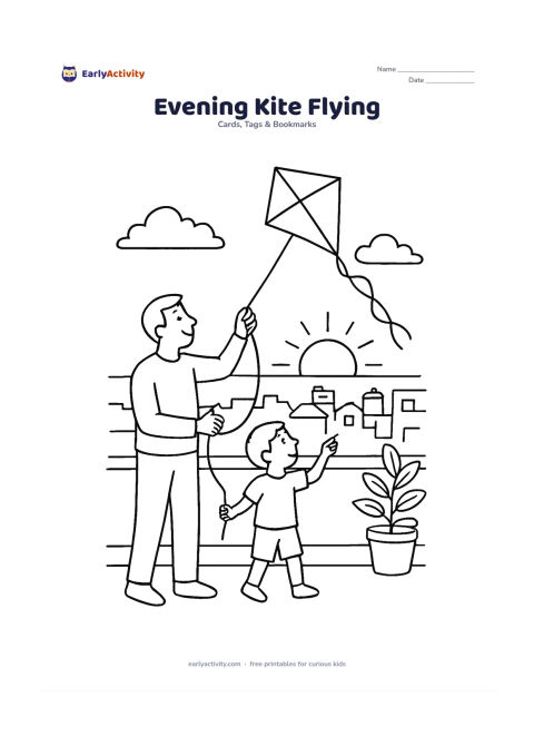 Worksheet: Draw a father and child flying a kite from an open terrace at sunset, with the kite high above, clouds, distant rooftops, water tanks and potted plants. Keep the kite string visible but…