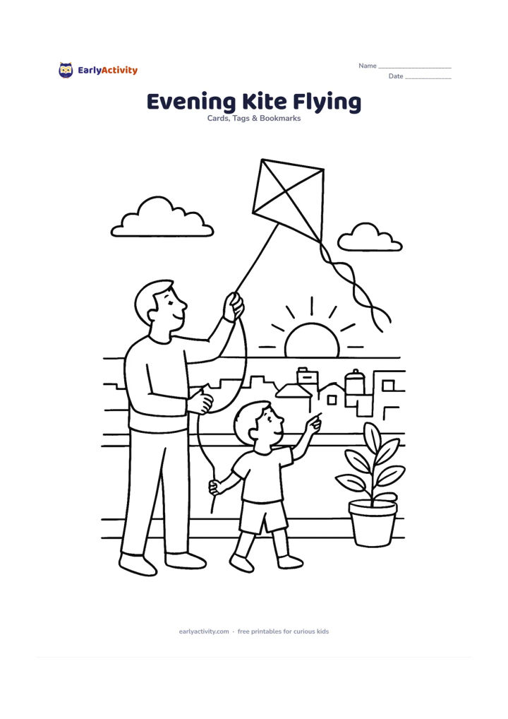 Worksheet: Draw a father and child flying a kite from an open terrace at sunset, with the kite high above, clouds, distant rooftops, water tanks and potted plants. Keep the kite string visible but…