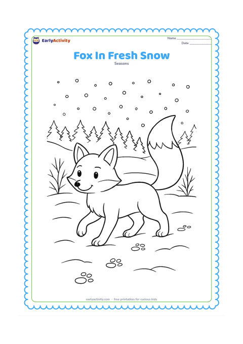 Colouring page: A friendly fox walks through fresh snow with its bushy tail raised, leaving a short trail of paw prints. Add bare shrubs, a distant pine forest and falling snow.