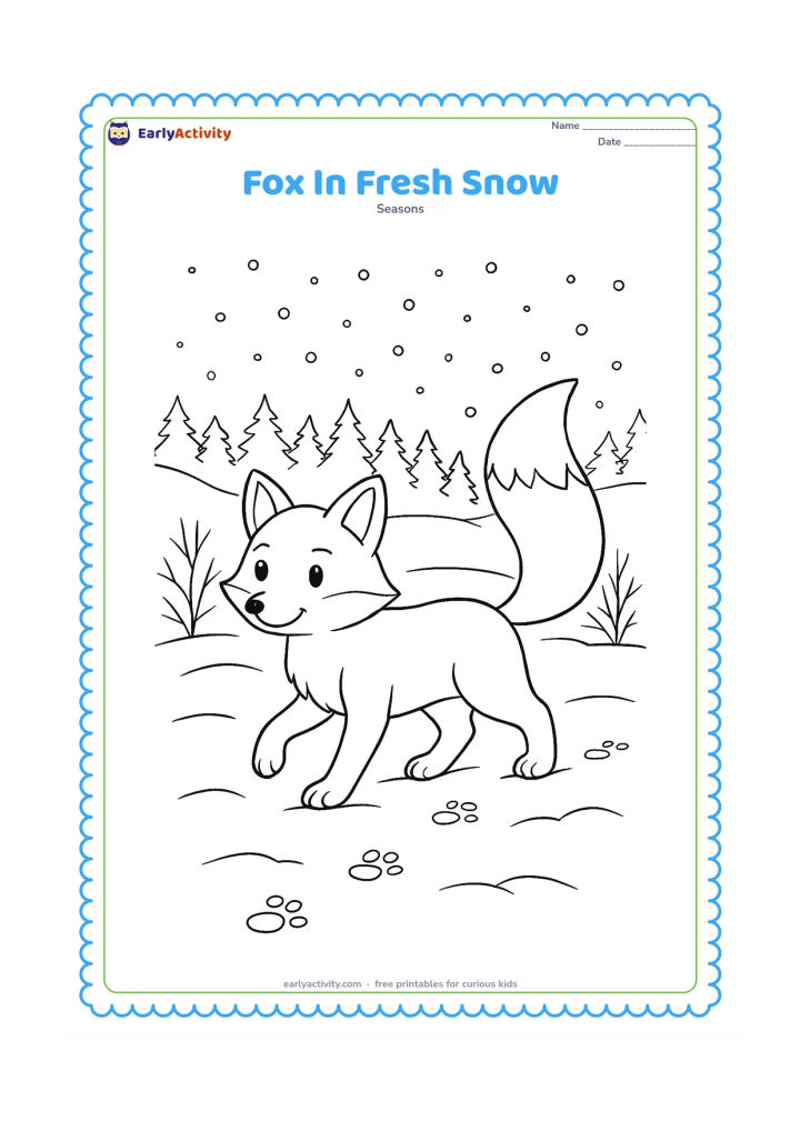 Colouring page: A friendly fox walks through fresh snow with its bushy tail raised, leaving a short trail of paw prints. Add bare shrubs, a distant pine forest and falling snow.