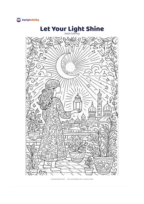 Colouring page: A person stands on a rooftop garden at dusk holding a small glowing lantern, with potted plants, a crescent moon, clouds and distant Indian-style rooftops below. Surround the scene with…