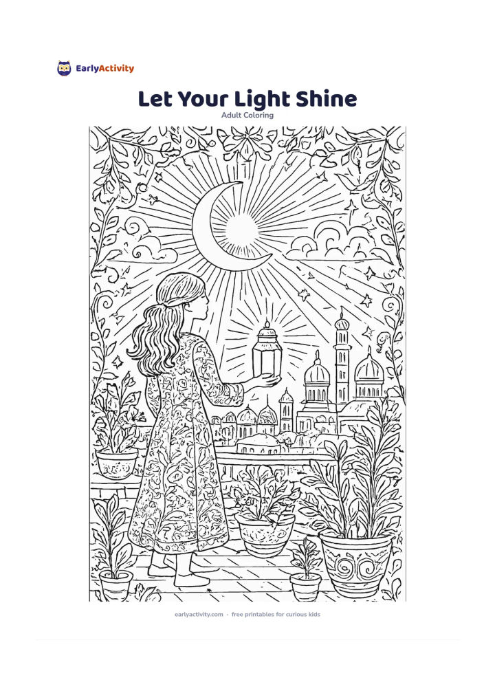Colouring page: A person stands on a rooftop garden at dusk holding a small glowing lantern, with potted plants, a crescent moon, clouds and distant Indian-style rooftops below. Surround the scene with…
