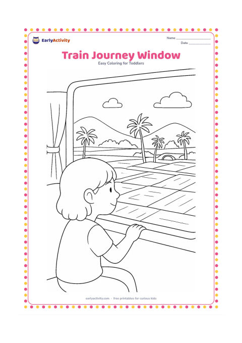 Colouring page: A child looks out of a train window at a passing Indian countryside scene with rice fields, palm trees, a small bridge and distant hills. Show the child's seat, a simple curtain and a…
