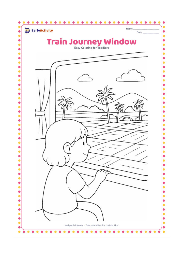 Colouring page: A child looks out of a train window at a passing Indian countryside scene with rice fields, palm trees, a small bridge and distant hills. Show the child's seat, a simple curtain and a…