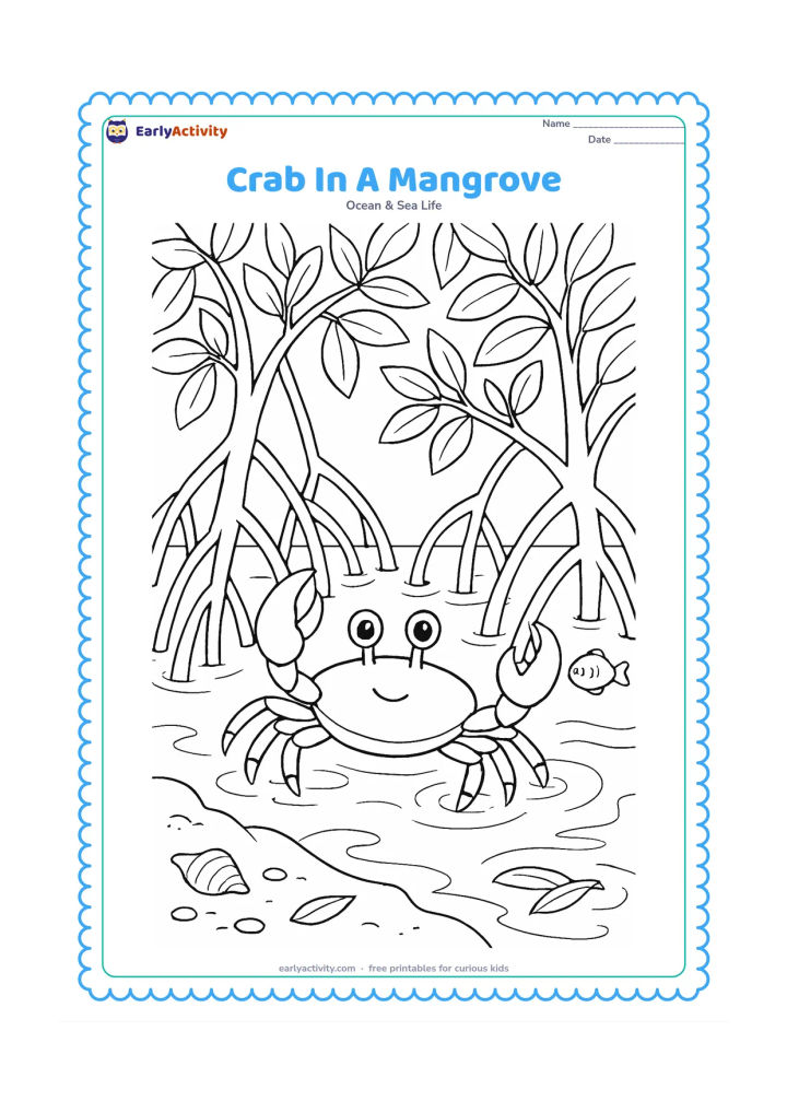 Colouring page: Draw a crab moving between mangrove roots in shallow water, with leafy branches above, reflected ripples below and a small fish near the roots. Include mud, a shell and a few fallen…