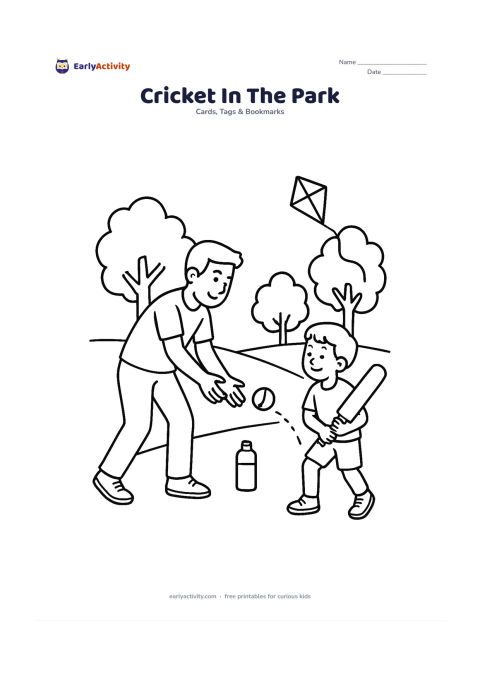 Worksheet: Draw a father gently bowling a ball to a child holding a cricket bat on a park path, with a few trees, a kite and a water bottle nearby. Show the ball clearly between them and leave…