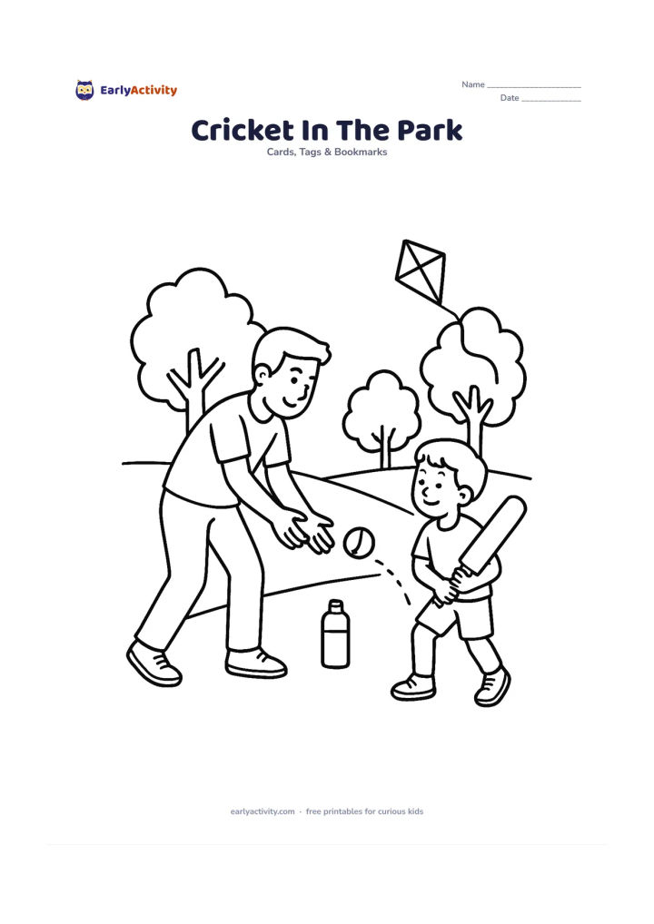 Worksheet: Draw a father gently bowling a ball to a child holding a cricket bat on a park path, with a few trees, a kite and a water bottle nearby. Show the ball clearly between them and leave…