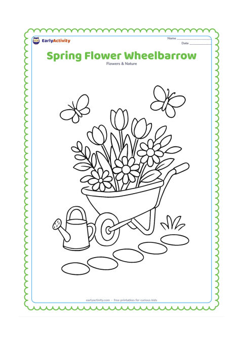 Colouring page: Draw a garden wheelbarrow overflowing with tulips, daisies and leafy stems. Place it beside a stepping-stone path with a small watering can and two butterflies.