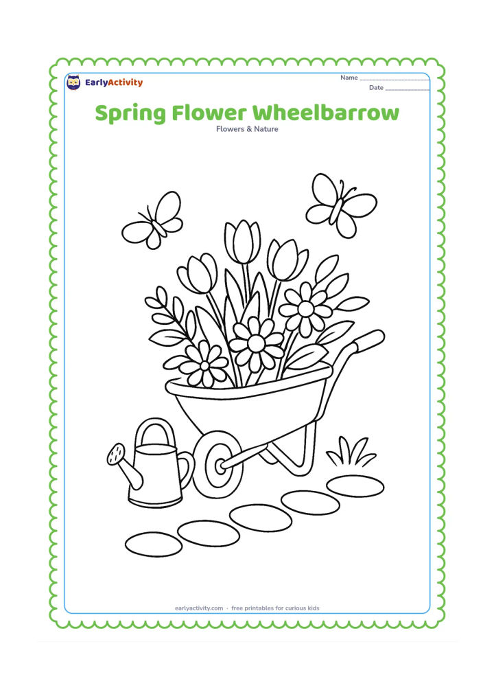 Colouring page: Draw a garden wheelbarrow overflowing with tulips, daisies and leafy stems. Place it beside a stepping-stone path with a small watering can and two butterflies.