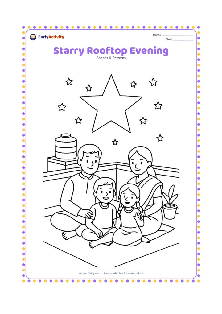 Colouring page: A family sits on an Indian rooftop beneath a large five-point star and several smaller stars, with a low parapet, water tank and potted plants.
